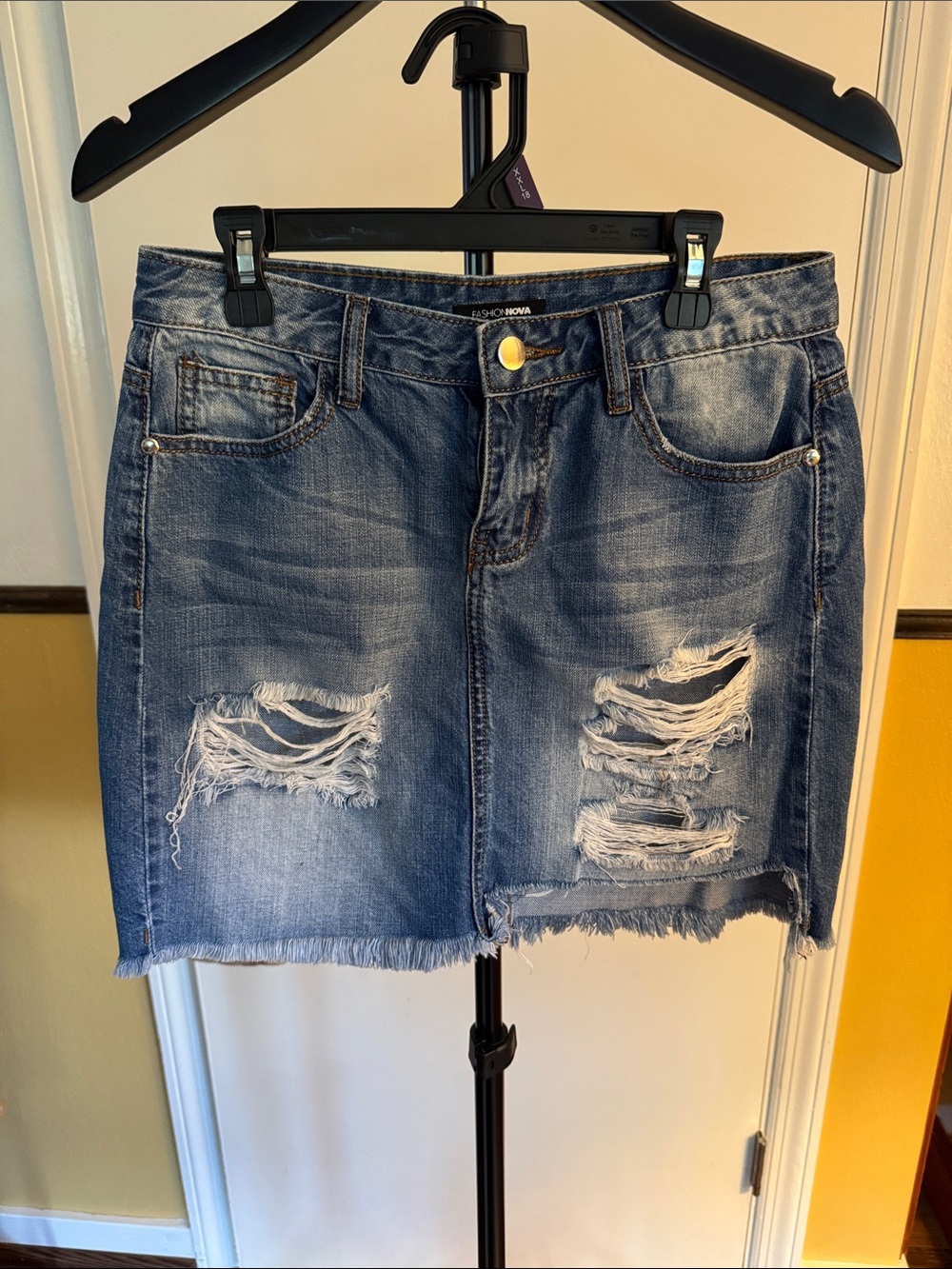Fashion Nova Blue Distressed Denim Mini Skirt with Frayed Hem